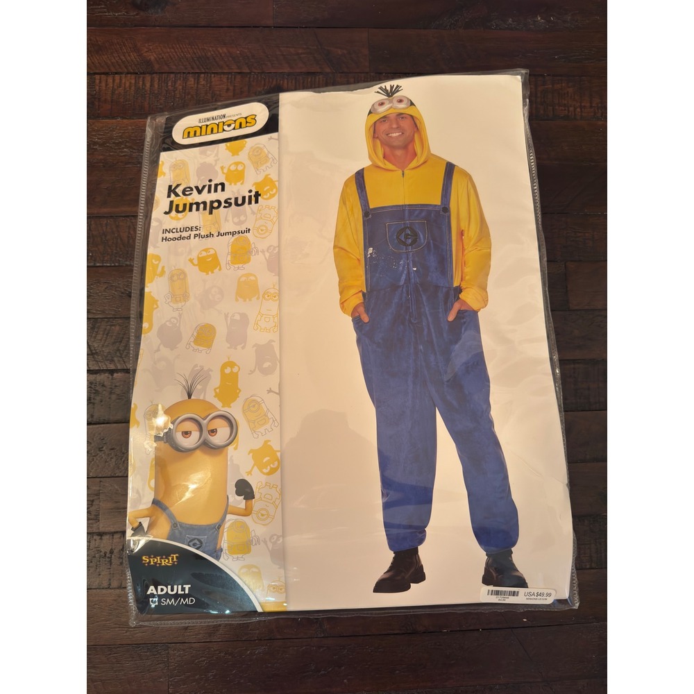 Spirit Halloween Minions Kevin Jumpsuit Adult SM/MD Hooded Plush Costume New